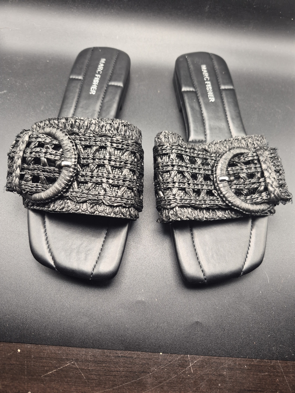 Marc Fisher Black Woven Buckle Slide Sandals